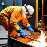 **A heat treatment workshop scene, focusing on PPE. A worker in full protective gear (heat-resistant gloves, safety glasses, flame-retardant clothing, steel-toed boots) carefully removing a glowing hot metal part from a furnace. The scene emphasizes safe handling techniques and proper tool usage (tongs/hooks).** (This visualizes PPE and safe handling)