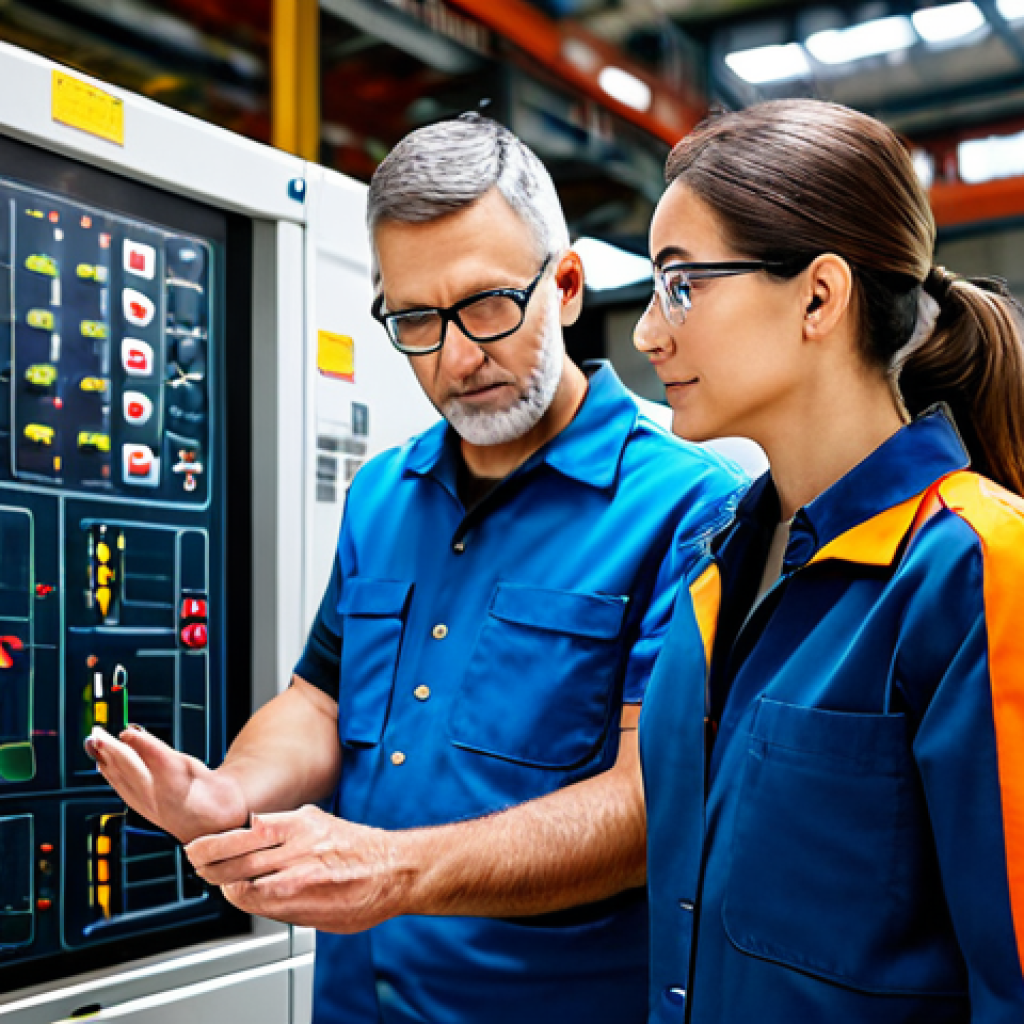 A male and a female professional engineer, fully clothed in clean, modest work uniforms and safety glasses, meticulously observing and discussing data on a large digital control panel for a heat treatment furnace. They are standing in a modern, well-lit industrial facility, with a natural pose, indicating focused collaboration and vigilance in a high-tech environment. Perfect anatomy, correct proportions, well-formed hands, proper finger count, natural body proportions. Safe for work, appropriate content, family-friendly, professional photography, high quality, sharp focus.