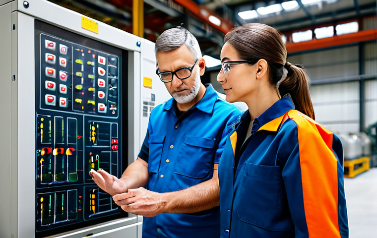 A male and a female professional engineer, fully clothed in clean, modest work uniforms and safety glasses, meticulously observing and discussing data on a large digital control panel for a heat treatment furnace. They are standing in a modern, well-lit industrial facility, with a natural pose, indicating focused collaboration and vigilance in a high-tech environment. Perfect anatomy, correct proportions, well-formed hands, proper finger count, natural body proportions. Safe for work, appropriate content, family-friendly, professional photography, high quality, sharp focus.