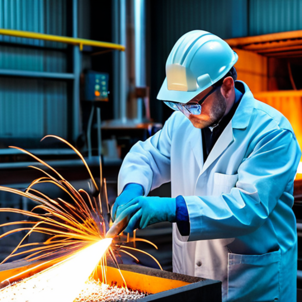 A focused, professional metallurgist, fully clothed in a modest work uniform including a protective lab coat, safety glasses, and durable gloves, carefully observing a glowing piece of steel being extracted from a modern industrial heat treatment furnace. The scene is set in the interior of a high-tech metal processing facility, with atmospheric light from the furnace illuminating the surroundings, revealing precision machinery and clean, well-maintained equipment in the background. Professional photography, cinematic lighting, intricate details, perfect anatomy, correct proportions, natural pose, well-formed hands, proper finger count, safe for work, appropriate content, fully clothed, professional, high quality, realistic.