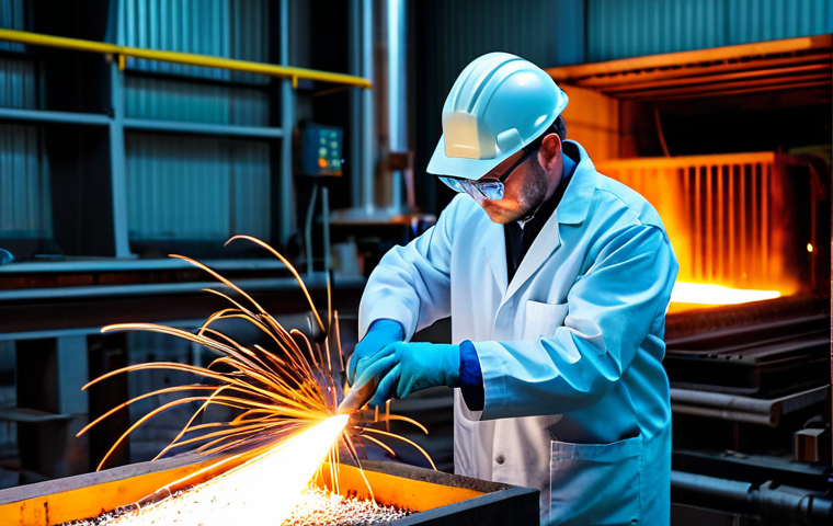 A focused, professional metallurgist, fully clothed in a modest work uniform including a protective lab coat, safety glasses, and durable gloves, carefully observing a glowing piece of steel being extracted from a modern industrial heat treatment furnace. The scene is set in the interior of a high-tech metal processing facility, with atmospheric light from the furnace illuminating the surroundings, revealing precision machinery and clean, well-maintained equipment in the background. Professional photography, cinematic lighting, intricate details, perfect anatomy, correct proportions, natural pose, well-formed hands, proper finger count, safe for work, appropriate content, fully clothed, professional, high quality, realistic.