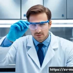 Home 21 금속재료 실험실 환경 관리 - A professional male metallurgist, dressed in a clean, long-sleeved white lab coat, clear safety glas...