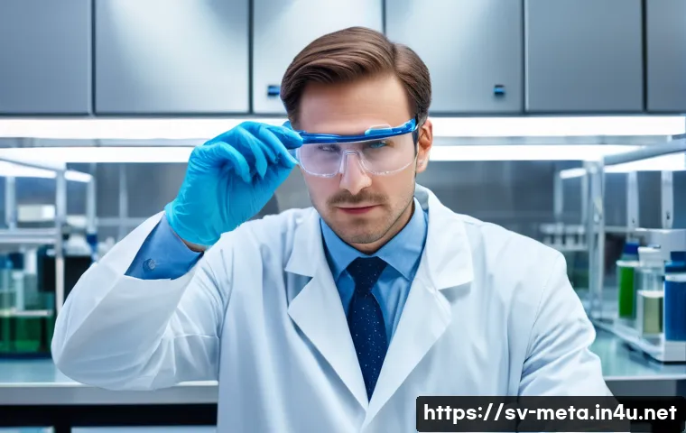 금속재료 실험실 환경 관리 - A professional male metallurgist, dressed in a clean, long-sleeved white lab coat, clear safety glas...