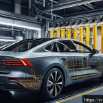 Home 19 금속 피로 해석 실무 - A detailed industrial scene showing a close-up of a metallic vehicle suspension component undergoing...