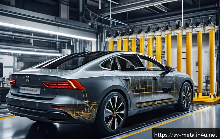 금속 피로 해석 실무 - A detailed industrial scene showing a close-up of a metallic vehicle suspension component undergoing...