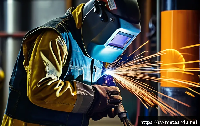 강재의 용접 결함 진단법 - A close-up, high-resolution image of a welder in a controlled indoor workshop environment, wearing f...