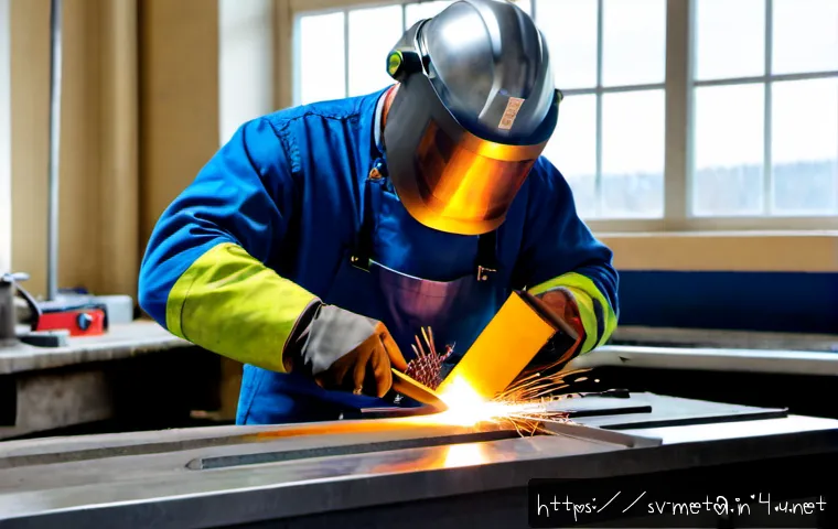 용접과 금속재료의 관계 - Photorealistic close-up in a clean Scandinavian metal workshop, a skilled welder in full protective ...